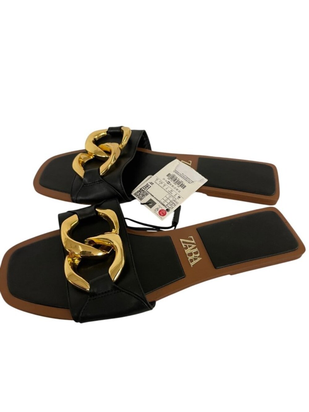 Zara Womens Sandals EU 40 US 9 Black Gold Chain Link Slide Flats 2603/110 NWT